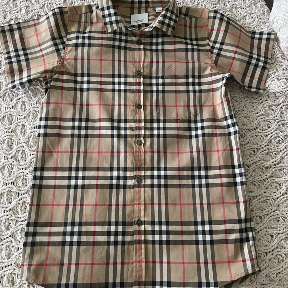 Burberry Beige Plaid Short-Sleeve Button-Down Shirt for Kids
